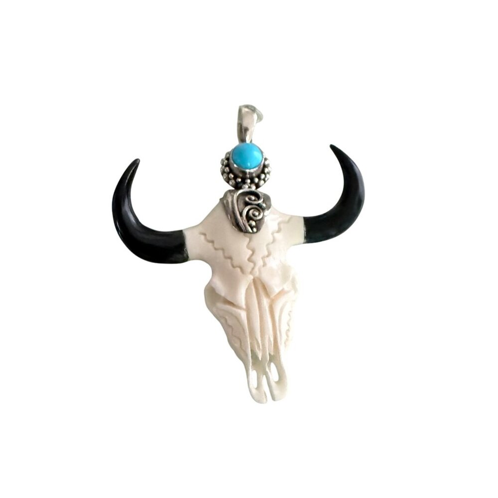 Hand-Carved Bull Skull Pendant With Turquoise Stone & Black Horns Sterling Silve